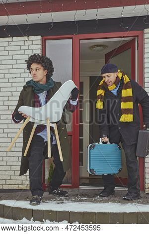 Skive, Denmark, December 2022: Delivery Workers Pretend To Be Robbers