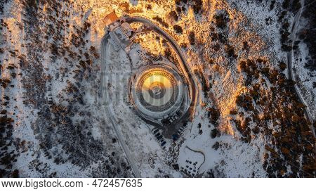 A Bird's Eye View Of Snow-covered Jested At Sunrise. Photographed On The Jested Ridge By Drone. Beau