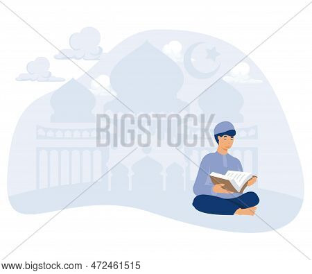 Muslim Man Reading Quran Against Night Background With Crescent Moon, Stars And Mosque Silhouette, L
