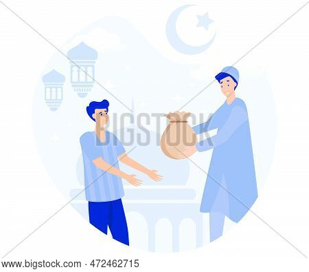 A Man Giving Sadaqa ,  Ramadhan Kareem Activity With Mosque And Hanging Lantern Background, Flat Vec