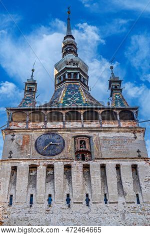 Sighisoara, Romania-july 9, 2020: The Clock Tower, Main Entry Point To The Citadel. It Has 64 Meters