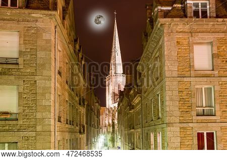 Saint-malo At Night (with The Moon)-- Is A Walled Port City In Brittany In Northwestern France On Th