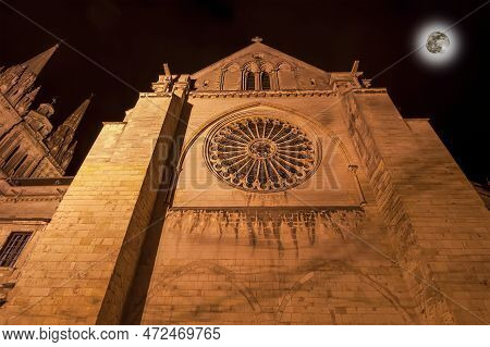 Saint-maurice Cathedral At Night (with The Moon), Angers In France
