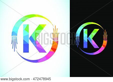Polygonal Alphabet K With Electric Wire, And Optical Fiber Cable. Low Poly Graphic Alphabet Symbol