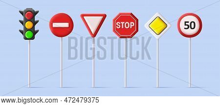 Set Of Road Street Signs For Vehicles And Traffic Light, Priority Roads, Speed Limit And Restriction