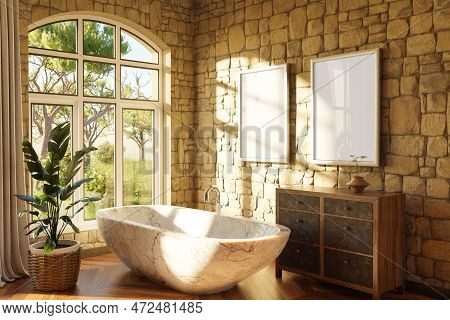 Freestanding Bath In Lightflooded Cozy Country House Bathroom; Minimalistic Interior Design With She