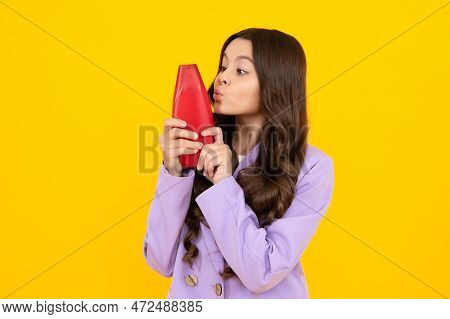 Funny Face. Child Teen Girl With Shampoos Conditioners And Shower Gel. Long Hair Care Of Teenager. P