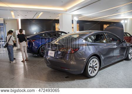 Bangkok, Thailand- 15 Feb, 2023: Tesla Electric Cars Display On The Showroom In The Shopping Mall, B