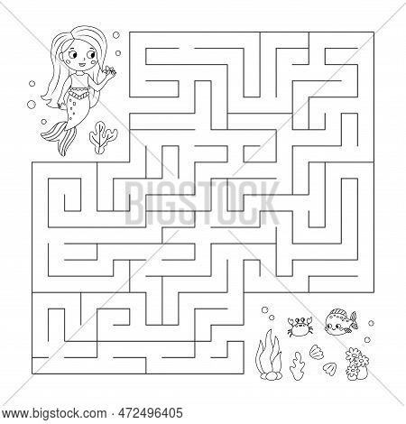 Coloring Page With Maze Game. Cute Cartoon Mermaid, Starfish, Crab And Fish. Fairy Tale. Worksheet W