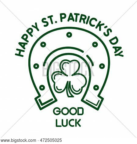 Line Logo Icon Fof St. Patricks Day. Clover Inside A Horseshoe, Symbol Of Good Luck. Happy St. Patri