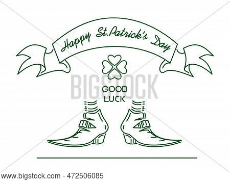 Line Logo Icon Fof St. Patricks Day With Leprechaun Shoes And Four Leaf Clover. Good Luck. Happy St.