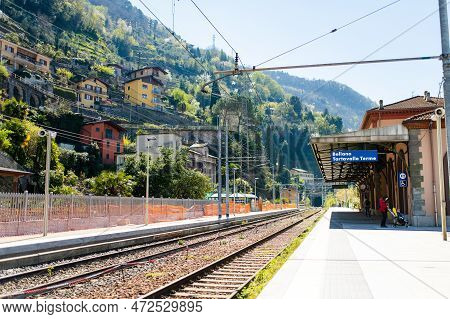 Bellano, Italy - April 2022: Bellano Tartavalle Terme Train Station In Bellano, A Town On The Shore 