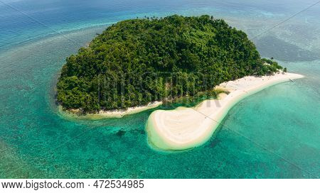 Top View Of Island In The Blue Sea With Atoll And The Beach. Agutaya Island, Philippines.