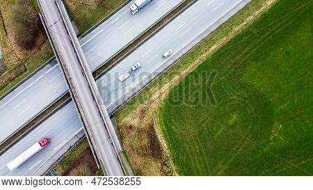 View From Above On The German Motorway A7 With Little Traffic.