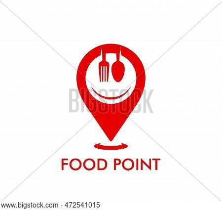 Restaurant Icon, Map Pointer Or Location Pin With Fork, Spoon And Plate Smile, Vector Symbol. Food P