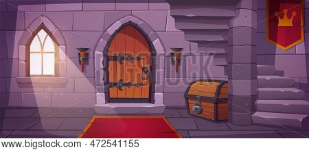 Underground Dungeon In Castle Basement With Old Wooden Door. Vector Cartoon Illustration Of Day Time