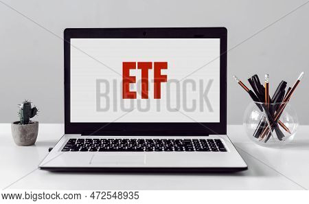 Etf Index, Acronym On Laptop Screen In Office