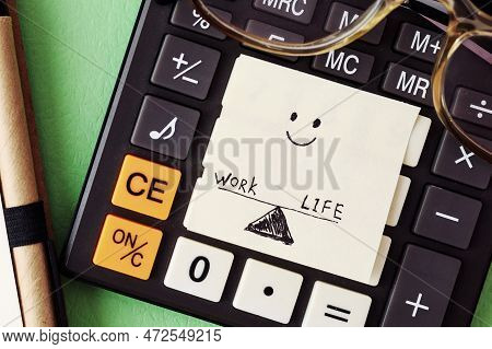 Finished Work Day Concept: Pen, Glasses, Calculator And Hand-drawn Paper Sticker: Work-life-balance 
