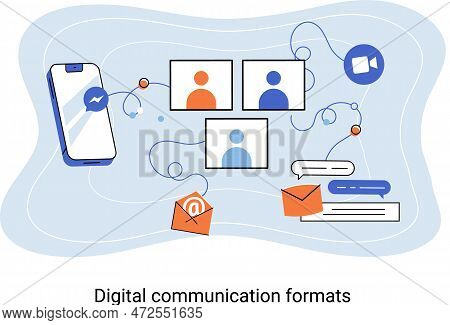 Digital Communication Formats Metaphor, Content Online Data And Social Media Streaming. Abstract Mod