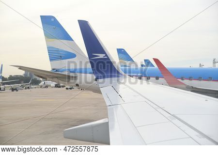 Buenos Aires, Argentina, November 18, 2022: Airplanes Scene As Seen From A Window Of A Boeing 737-70