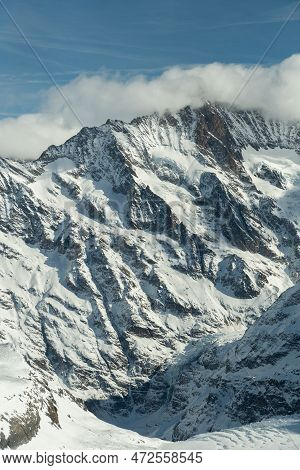Eigergletscher, Canton Bern, Switzerland, February 11, 2023 Incredible Beautiful View Over The Snow 