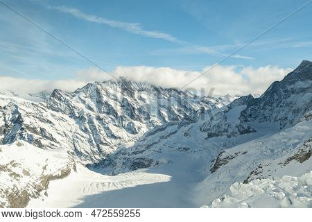 Eigergletscher, Canton Bern, Switzerland, February 11, 2023 Incredible Beautiful View Over The Snow 