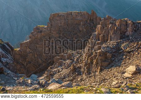 Scenic Alpine Landscape With Mountain Wall And Sharp Stones In Sunlight. Awesome Mountain View From 