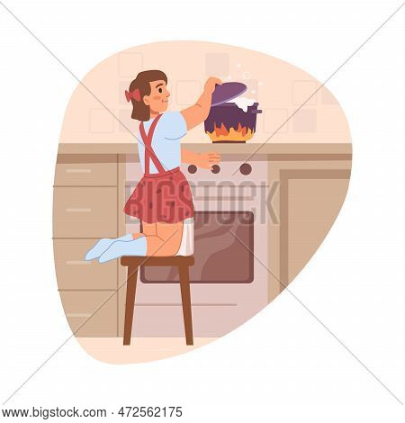 Girl Kid By Boiling Water On Stove, Risk Of Burning Or Causing Fire. Danger For Child, Unwatched By 
