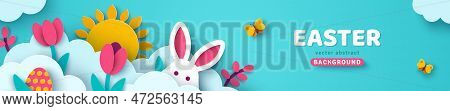 Happy Easter Card, Bunny Rabbit, Sun, Eggs Flowers And Butterfly In White Clouds, Spring Border Fram