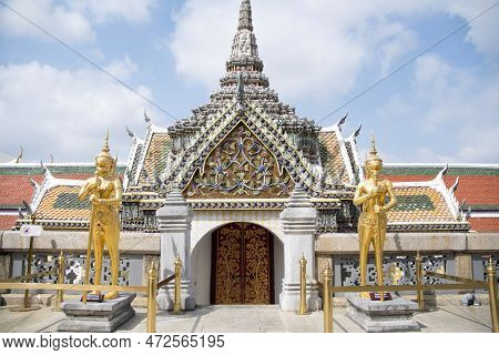 Gold Statue Of Kinnari , Mythical Creature Half Human Half Bird, At Temple Of Emerald Buddha, Grand 