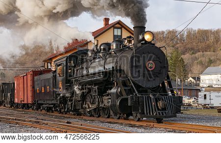 Rockhill, Pennsylvania, February 19, 2023 - View Of A Restored, Antique Steam Freight Train Approach