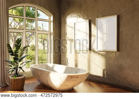 Freestanding Bath In Lightflooded Cozy Country House Bathroom; Minimalistic Interior Design With She