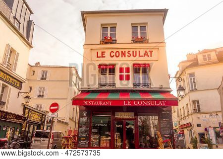 Paris, France - 6 March, 2023: View Of The Consulat In Montmartre.  The Traditional District Is Famo