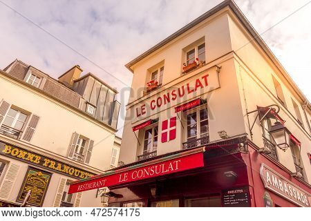 Paris, France - 6 March, 2023: View Of The Consulat In Montmartre.  The Traditional District Is Famo