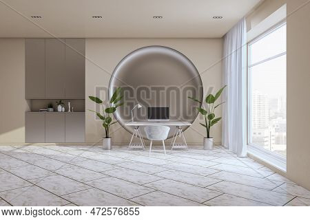Modern Light Office Interior With Window And City View, Curtain, Furniture And Equipment, Decorative