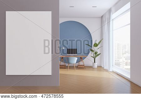 Modern Blue Office Interior With Blank White Mock Up Banner On Wall, Window, City View And Curtains,