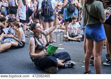Buenos Aires, Argentina; March 8, 2023: People During The International Feminist Strike, Sign Text: 