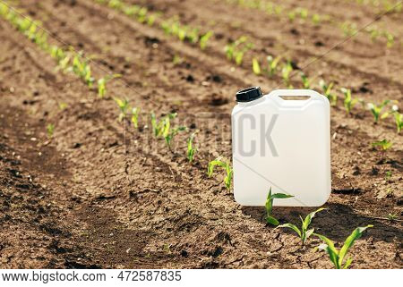 Blank White Herbicide Canister Can In Corn Seedling Field In Springtime Sunset, Selective Focus