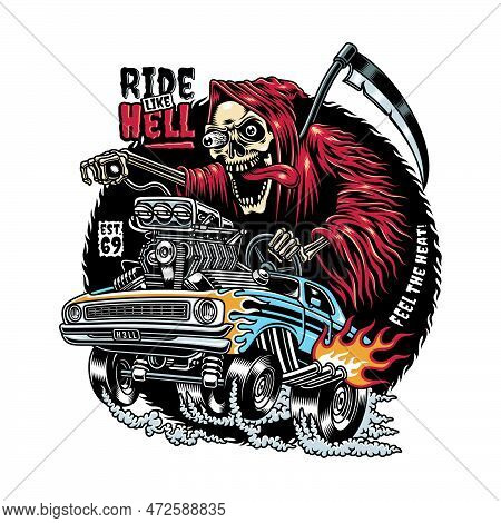 Grim Reaper Driving Hot Rod Cartoon Vector Graphics