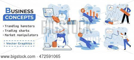 Stock Market Manipulation Concepts Set, Change Business Graph Indicator, Influence Crypto Currency P