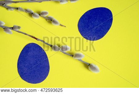 Paper Eggs Hang On Willow Branches For Easter. Diy Crafts Bulky Paper Eggs As A Toy On A Twig. Decor