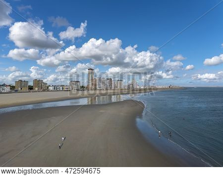 Aerial View With Beach And Cityscape Of Vlissingen. Provinz Zeeland In The Netherlands