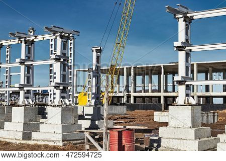 Monolithic Reinforced Concrete Foundation Or Grillage For The Construction Of A Modern Power Plant. 