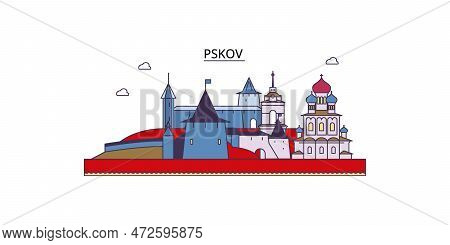 Russia, Pskov Tourism Landmarks, Vector City Travel Illustration