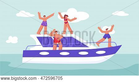 Yacht Cruise. Luxury Ship Trip. Woman And Man Characters Jump On Vacation In Ocean. People Travel By
