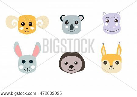Set With Animals Of Rabbit, Hippopotamus, Sheep On White Bacground