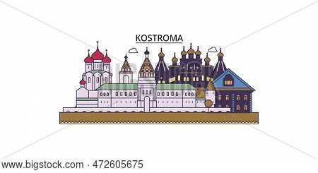 Russia, Kostroma Tourism Landmarks, Vector City Travel Illustration