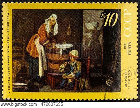 Ussr - Circa1971: A Stemp Printed In The Ussr Show Picture Laundress Of Artist Chardin Is In The Sta