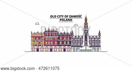 Poland, Zamosc Tourism Landmarks, Vector City Travel Illustration