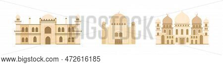 Flat Mosque Vector Set. Muslim Building For Islamic, Ramadan, Eid Design. Cartoon Illustration Isola